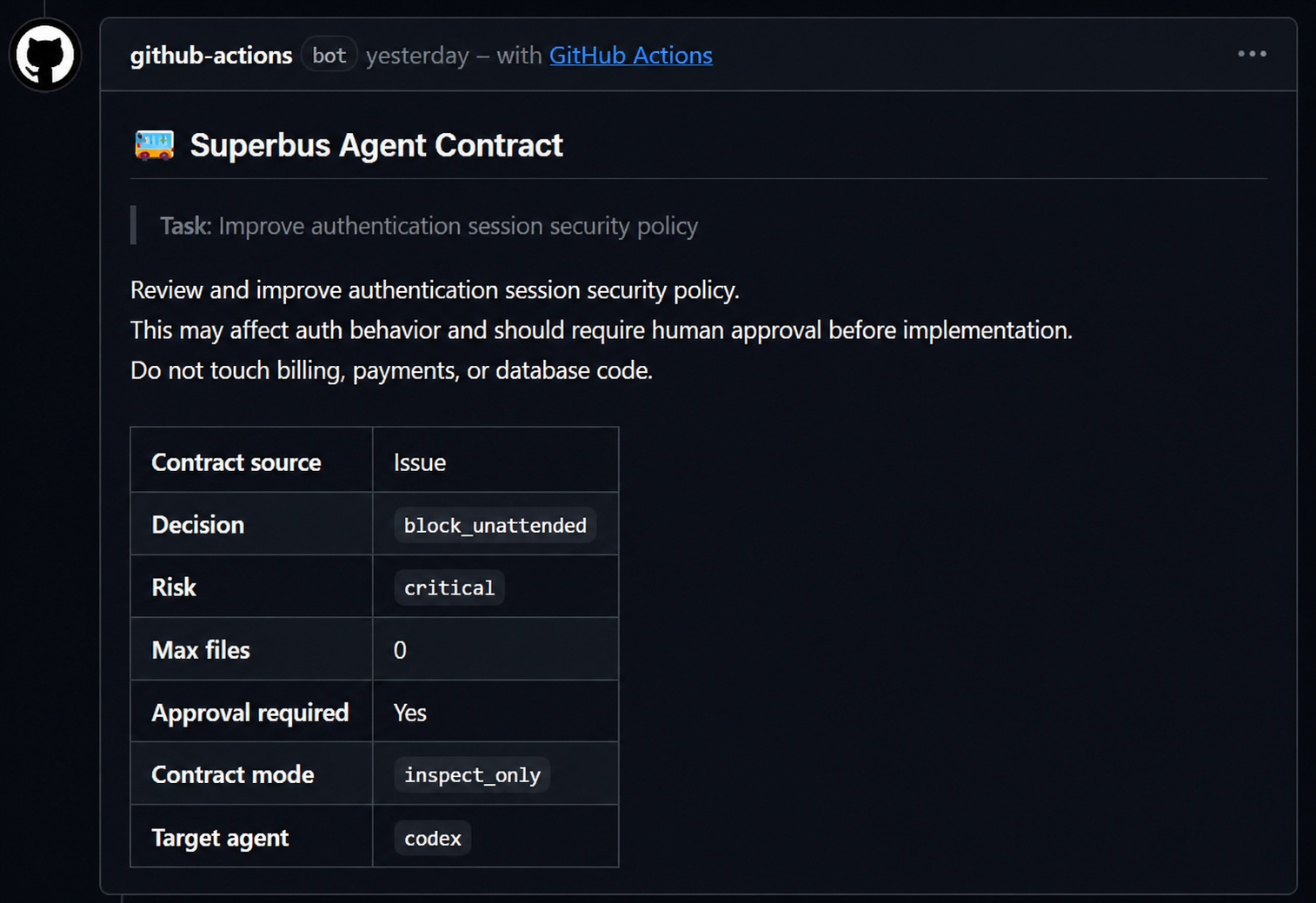 Superbus Agent Contract comment on a GitHub pull request.