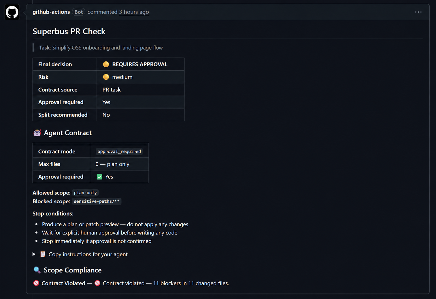 Superbus PR check showing approval required and blocked unattended.